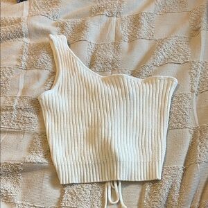 Cream Ribbed Knit One-Shoulder Top